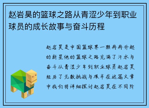 赵岩昊的篮球之路从青涩少年到职业球员的成长故事与奋斗历程
